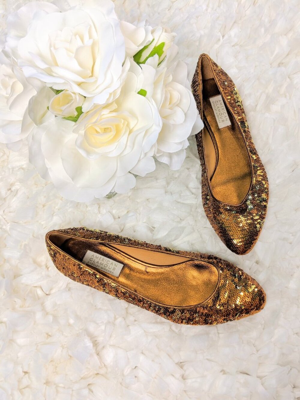AMERICAN GLAMOUR BM Bronze Sequins Flat Shoes Sz 7.5